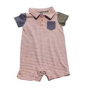 Striped Polo Romper Bodysuit in Beige with Contrasting Sleeves
